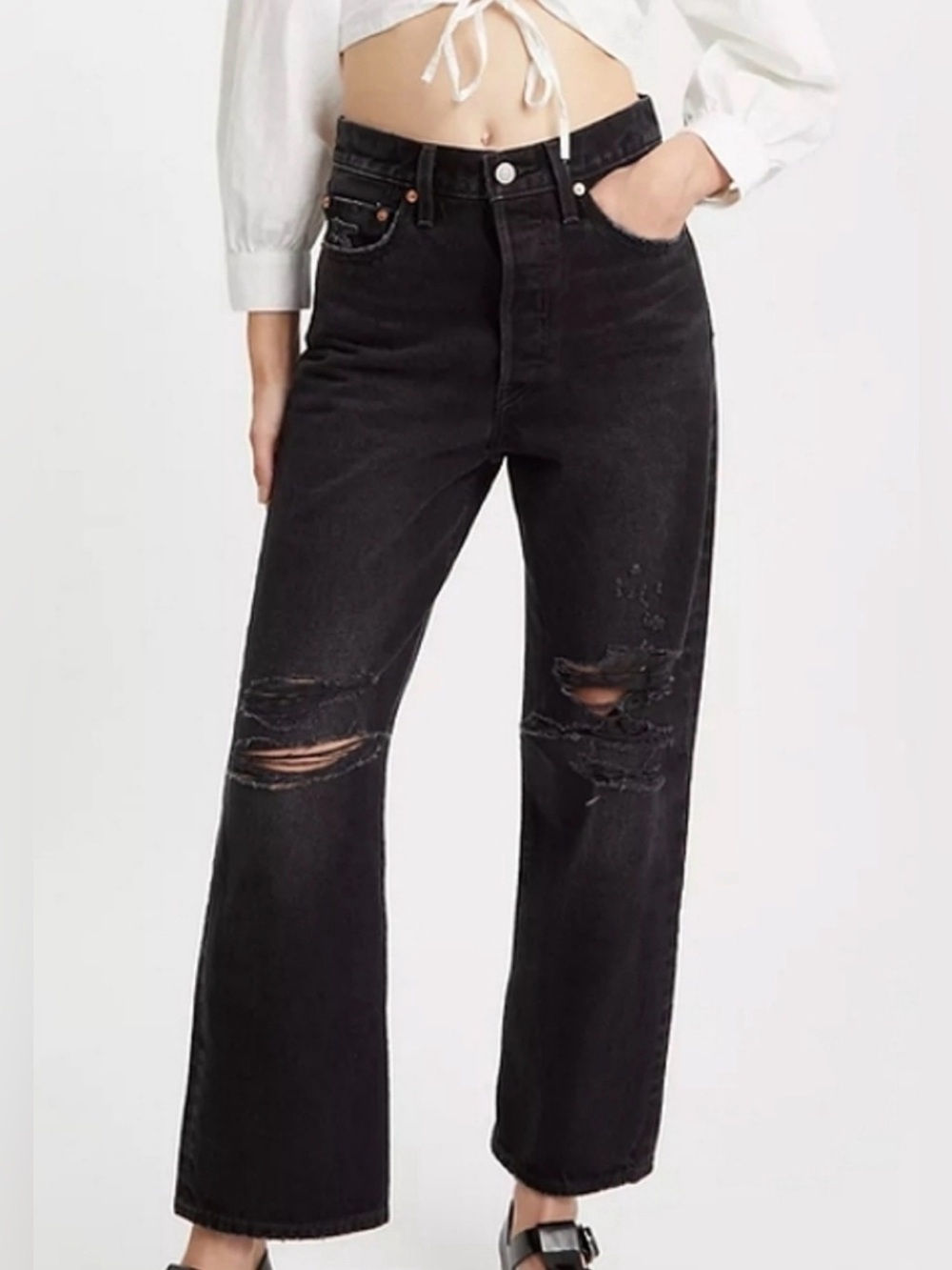 NWT Levi's Ribcage Straight Ankle Jeans in Skewed Break - Black Distressed Sz 25